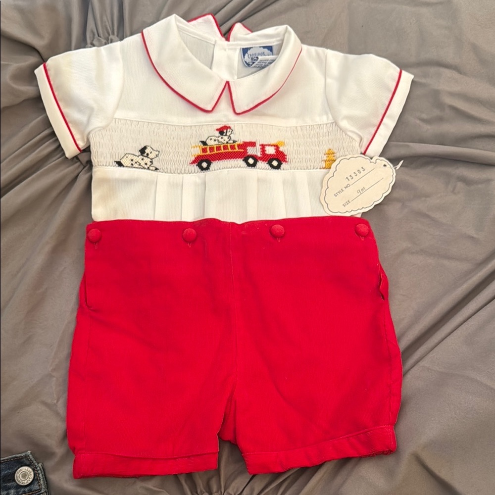 Smocked Fire Truck Baby Romper in White & Red. New with tags! Size 9M
